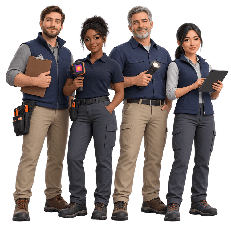 A group of four residential home inspectors with inspection tools